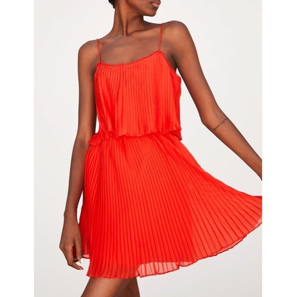 Zara Dresses Zara Orange Pleated Spaghetti Dress M Poshmark